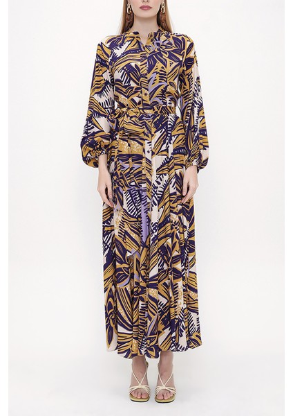 Desenli Beli Lastikli Uzun Elbise 93818