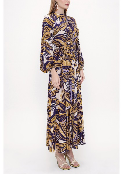 Desenli Beli Lastikli Uzun Elbise 93818 fiyatları