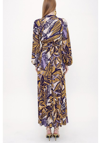 Desenli Beli Lastikli Uzun Elbise 93818 fırsatları