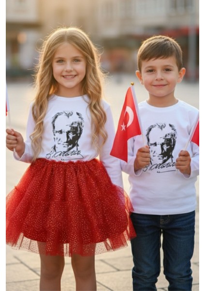 Unisex Atatürk Baskılı Uzun Kollu Beyaz Tişört 29 Ekim Cumhuriyet Bayramı Gösteri Çocuk Tişört