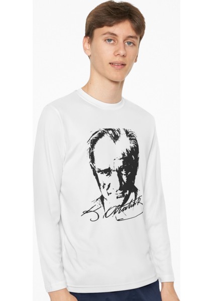 Unisex Atatürk Baskılı Uzun Kollu Beyaz Tişört 29 Ekim Cumhuriyet Bayramı Gösteri Çocuk Tişört