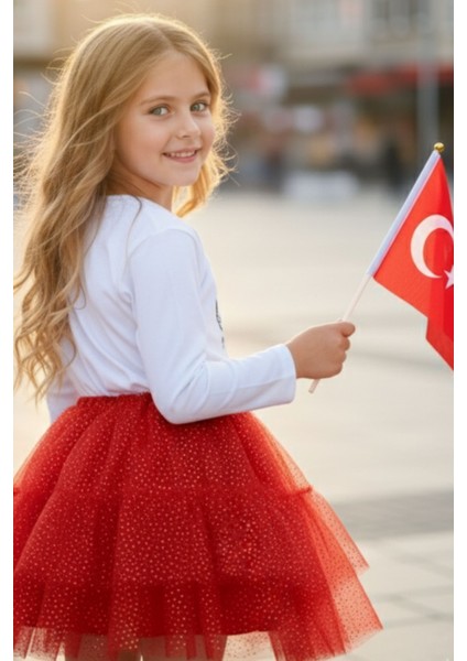 Unisex Atatürk Baskılı Uzun Kollu Beyaz Tişört 29 Ekim Cumhuriyet Bayramı Gösteri Çocuk Tişört