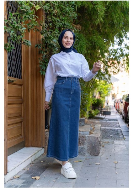 Doğal Kumaşlı Kontrast Dikişli Kot Etek İNDIGO-164