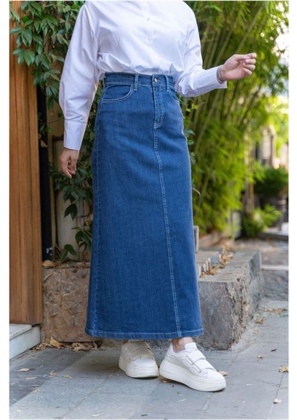 Doğal Kumaşlı Kontrast Dikişli Kot Etek İNDIGO-164 fırsatları