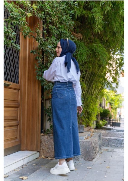 Doğal Kumaşlı Kontrast Dikişli Kot Etek İNDIGO-164 indirimleri