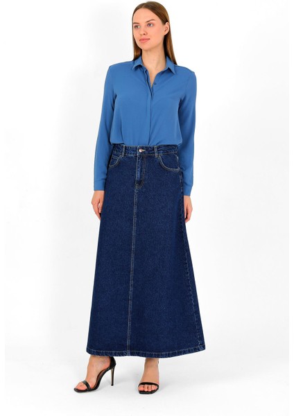 Yüksek Bel A Kesim Denim Etek Koyu Mavi fırsatları