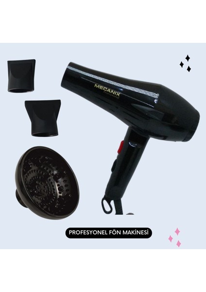 2500 Watt Profesyonel Siyah Saç Fön Makinesi, Hızlı ve Güçlü Kurutma