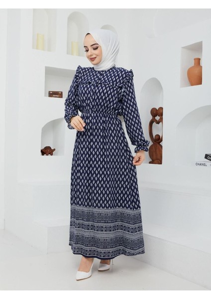 Doğal Kumaşlı - Yeşil Desenli Elbise Mavi fiyatları