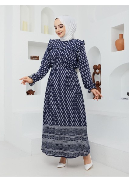 Doğal Kumaşlı - Yeşil Desenli Elbise Mavi modelleri