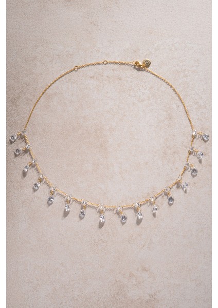 Altın Sallantılı Kristal Taş Detaylı 925 Ayar Gümüş Kolye 58