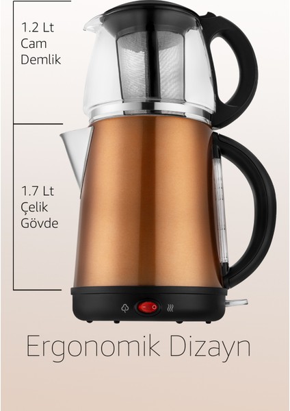 Elektrikli Çay Makinesi, Cam Demlik, Rose Gold, Şık ve Pratik Tasarım fiyatları