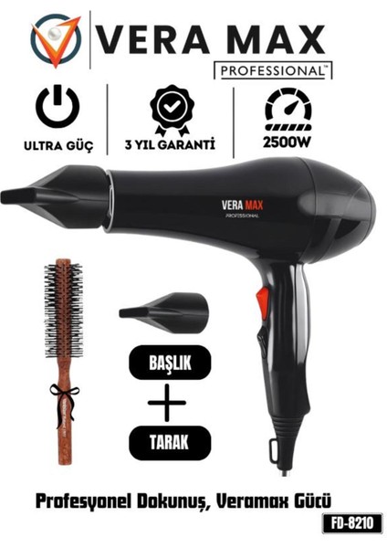 Izoleli 2500W Isı Ayarlı Profesyonel Saç Kurutma Makinesi, Siyah Renk