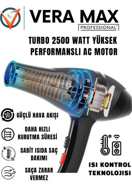 Izoleli 2500W Isı Ayarlı Profesyonel Saç Kurutma Makinesi, Siyah Renk fırsatları