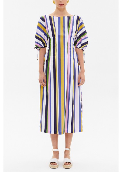 Çizgili Yarasa Kol Fermuarlı Midi Elbise 92690