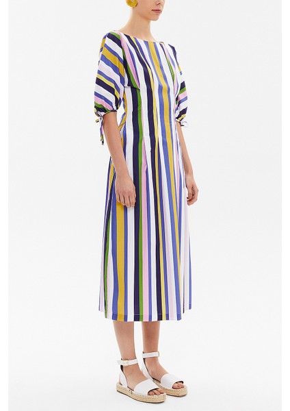 Çizgili Yarasa Kol Fermuarlı Midi Elbise 92690 fiyatları