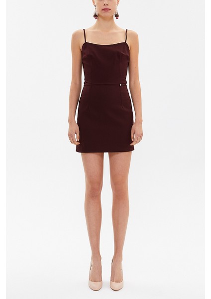 Bordo Askılı Mini Elbise 93124