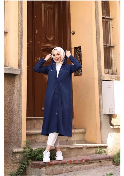 Denim Kapşonlu Kap- Denin Pardesü Mavi-