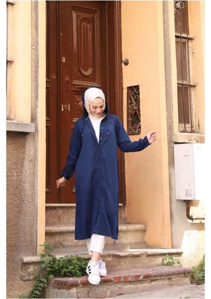 Denim Kapşonlu Kap- Denin Pardesü Mavi- fiyatları