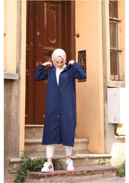 Denim Kapşonlu Kap- Denin Pardesü Mavi- fırsatları