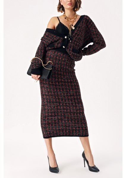 Kırmızı Triko Uzun Etek ve Hırka Suit 28857