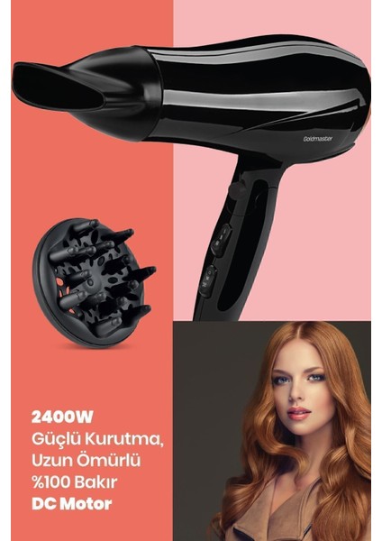 2400W Dc Motor Katlanabilir Saç Kurutma Makinesi, Hız ve Isı Ayarlı, Siyah