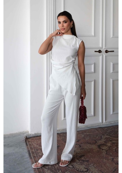 Regular Kalıp Pamuklu Bürümcük Kumaş Kadın Ekru Bluz Pantolon Takım