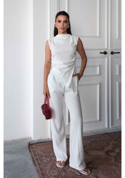 Regular Kalıp Pamuklu Bürümcük Kumaş Kadın Ekru Bluz Pantolon Takım fiyatları