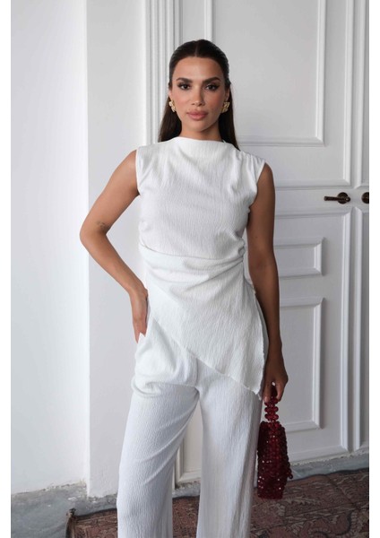 Regular Kalıp Pamuklu Bürümcük Kumaş Kadın Ekru Bluz Pantolon Takım modelleri