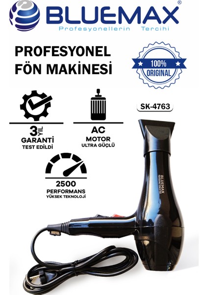 Güçlü 2500-WT Turbo Iyonik Profesyonel Saç Kurutma Makinesi Siyah