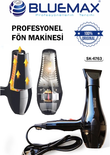 Güçlü 2500-WT Turbo Iyonik Profesyonel Saç Kurutma Makinesi Siyah