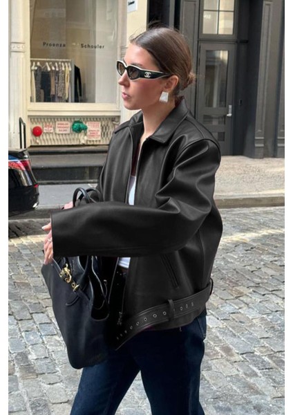 Siyah Kemerli Suni Deri Kadın Ceket MG2548