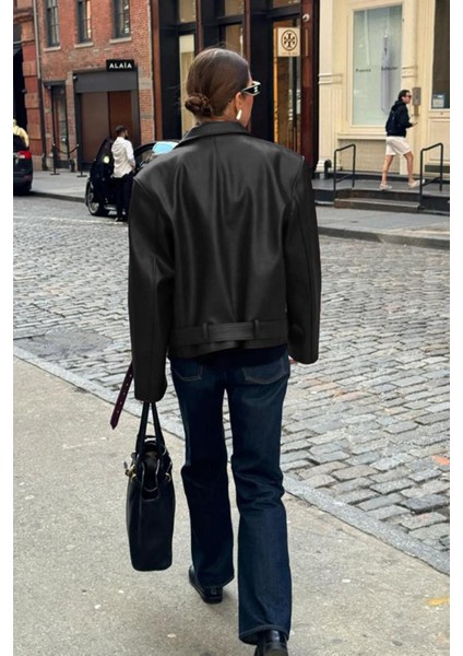 Siyah Kemerli Suni Deri Kadın Ceket MG2548 fiyatları