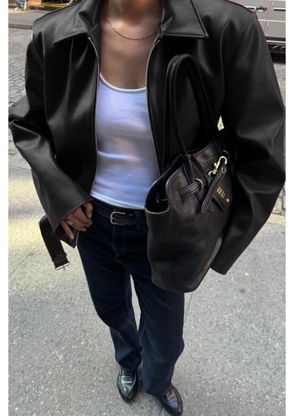 Siyah Kemerli Suni Deri Kadın Ceket MG2548 fırsatları