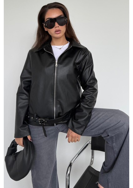 Siyah Kemerli Suni Deri Kadın Ceket MG2548 indirimleri