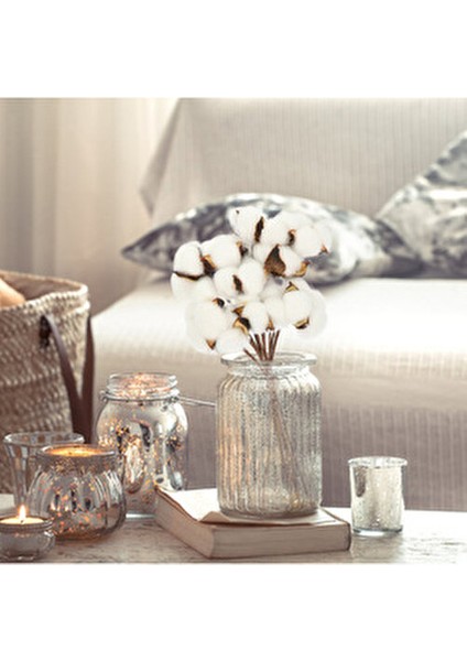 6lı Beyaz Pamuk Dalı Doğal Görünümlü Uzun Ömürlü Dekoratif Set