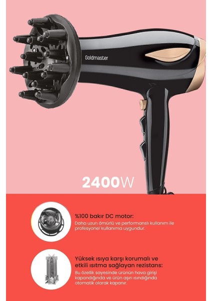 2400 Watt Dc Motorlu Isı ve Hız Ayarlı Difüzör Saç Kurutma Makinesi Siyah