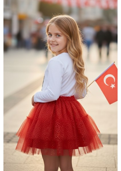 Kız Çocuk Simli Kırmızı Tütü Etek – Milli Bayramlara Özel Yaldızlı Astarlı Tütü Kız Çocuk Etek