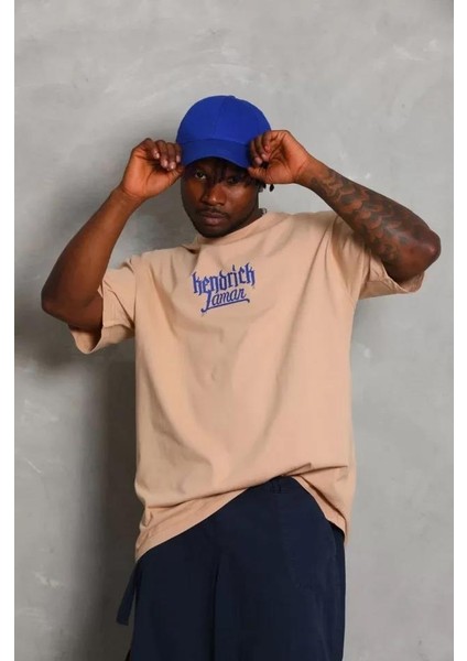 Unisex Oversize Baskılı Bisiklet Yaka T-Shirt - Bej modelleri