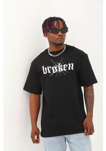 Unisex Oversize Baskılı Bisiklet Yaka T-Shirt - Siyah