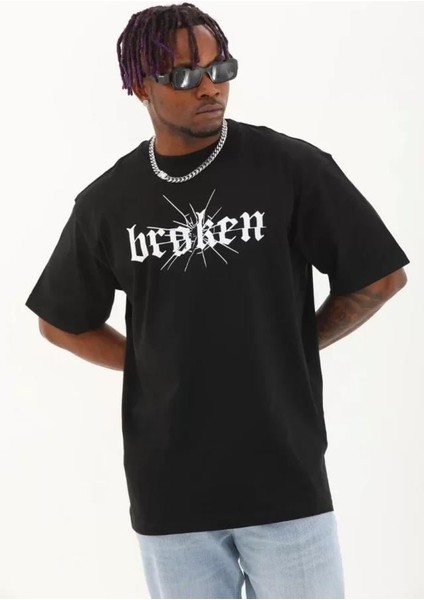 Unisex Oversize Baskılı Bisiklet Yaka T-Shirt - Siyah modelleri
