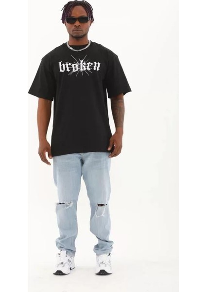 Unisex Oversize Baskılı Bisiklet Yaka T-Shirt - Siyah indirimleri