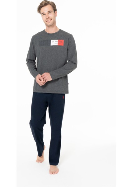 18945 Erkek Antrasıt Melanj Yuvarlak Yaka Uzun Kollu Pijama Takımı