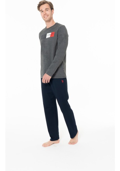 18945 Erkek Antrasıt Melanj Yuvarlak Yaka Uzun Kollu Pijama Takımı modelleri
