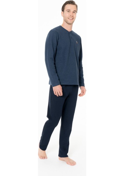 18966 Erkek Indıgo Yuvarlak Yaka Patlı Uzun Kollu Pijama Takımı modelleri