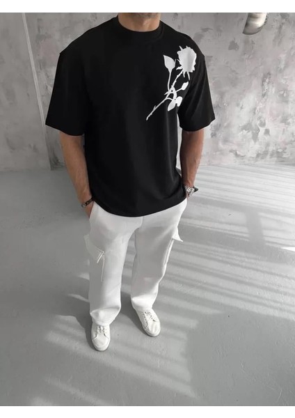 Unisex Bisiklet Yaka Baskılı Oversize T-Shirt - Siyah modelleri