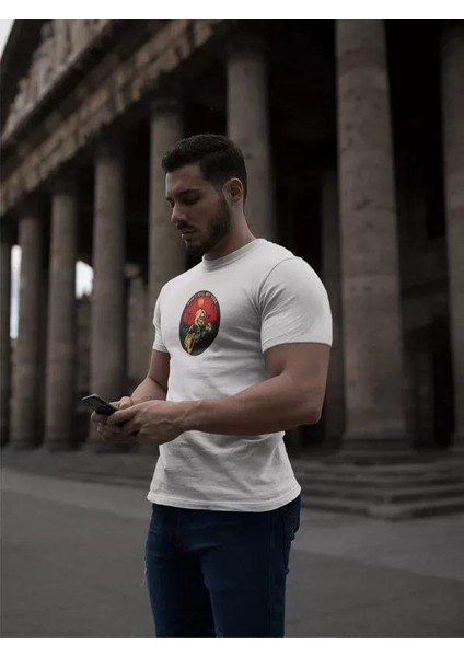 Unisex Bisiklet Yaka Baskılı Oversize T-Shirt - Beyaz