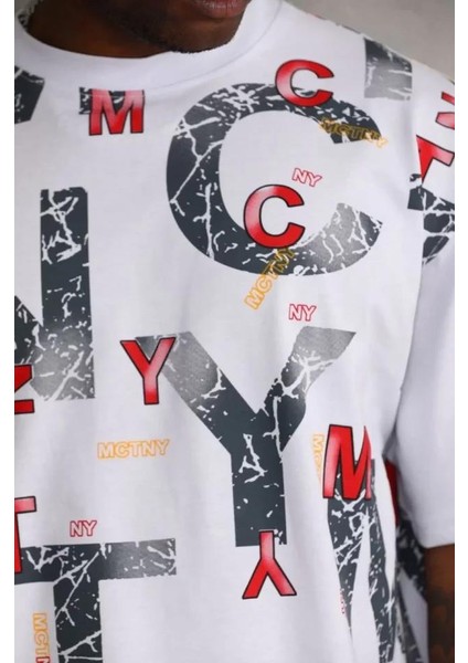 Unisex Baskılı Oversize T-Shirt - Beyaz indirimleri
