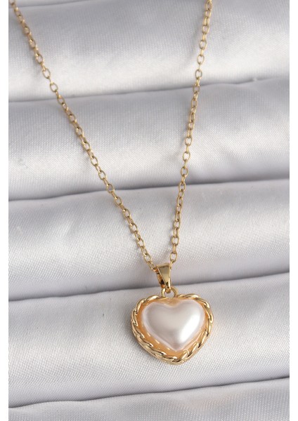316L Çelik Gold Renk Zincir 3D Inci Kalp Model Kadın Kolye TG27BKO9713