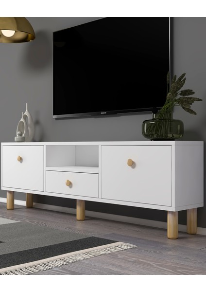 1310DROPDD-1 Bohem Tv Sehpası Beyaz-Safir Kulp