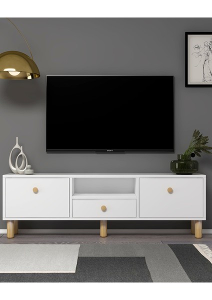 1310DROPDD-1 Bohem Tv Sehpası Beyaz-Safir Kulp